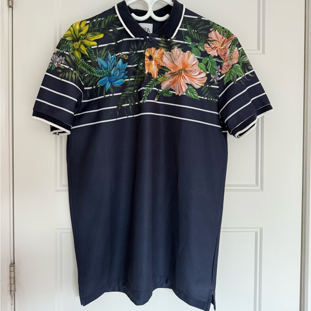 FLORAL NAVY POLO SHIRT ZARA MEDIUM
